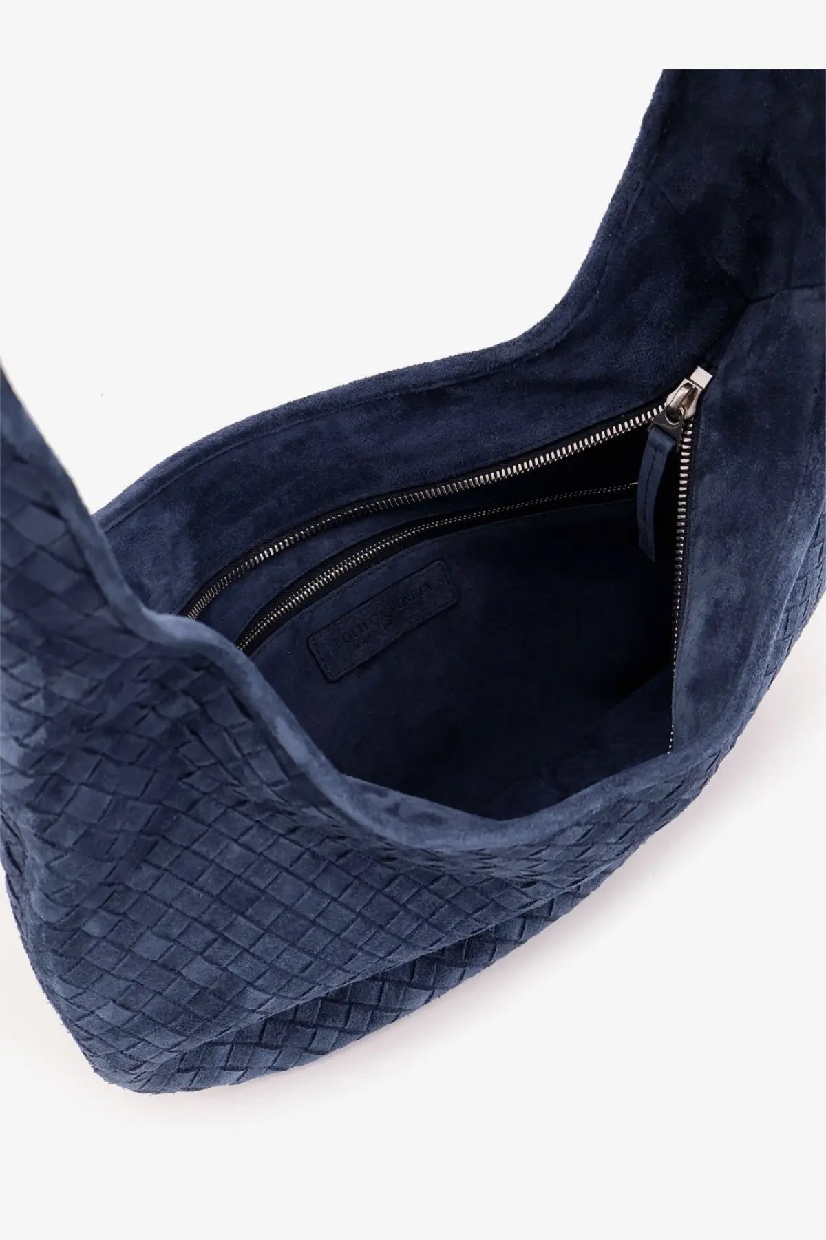 Bottle veneta men’s veneto navy blue suede woven crossbody bag with braided texture and silver zipper interior