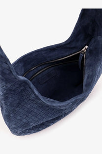 Bottle veneta men’s veneto navy blue suede woven crossbody bag with braided texture and silver zipper interior