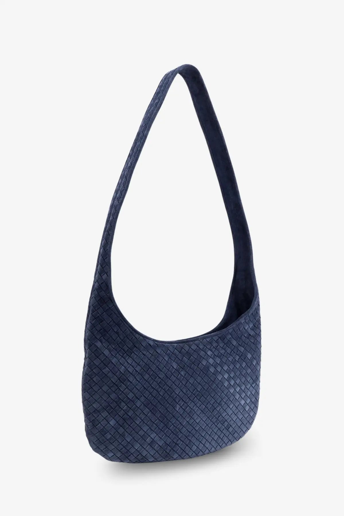 Bottega Veneta men’s Veneto suede crossbody bag in navy blue with woven design and soft suede texture
