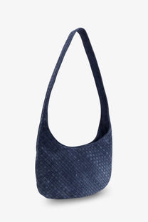 Bottega Veneta men’s Veneto suede crossbody bag in navy blue with woven design and soft suede texture