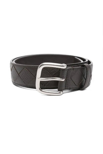 Bottega Veneta men’s brown leather belt with woven diamond pattern and silver-toned buckle front view