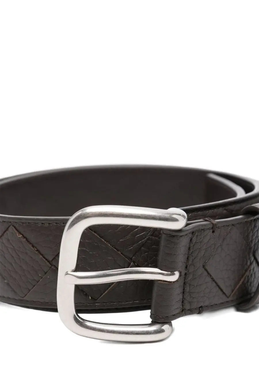 Bottega Veneta men’s brown leather belt with silver buckle and intricate woven texture for stylish wear