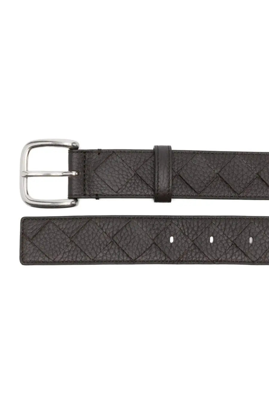 Bottega Veneta men’s brown leather belt with woven diamond pattern and silver toned buckle