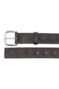Bottega Veneta men’s brown leather belt with woven diamond pattern and silver toned buckle