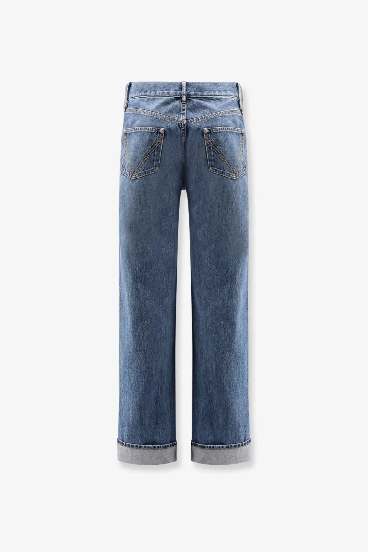 Bottega Veneta men’s wide leg blue denim jeans with rolled cuffs made from durable cotton material