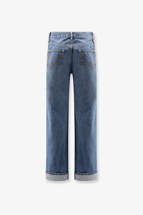 Bottega Veneta men’s wide leg blue denim jeans with rolled cuffs made from durable cotton material