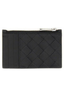 Bottega Veneta men’s black woven leather card case with silver-toned zipper for stylish card storage
