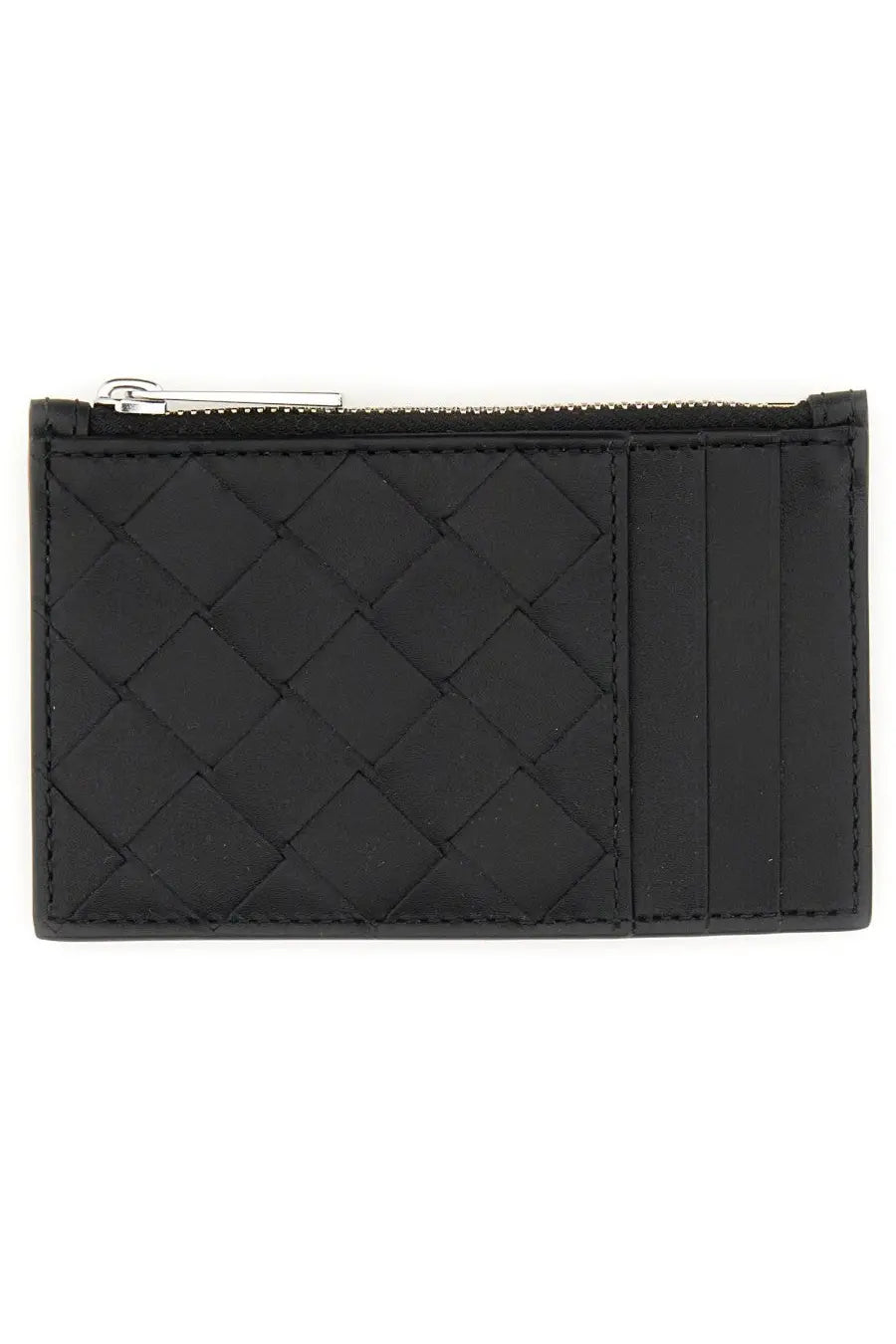 Bottega Veneta men’s black woven leather card holder with silver zipper pull for stylish organization