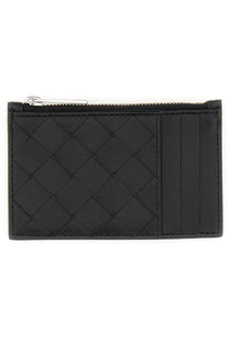 Bottega Veneta men’s black woven leather card holder with silver zipper pull for stylish organization