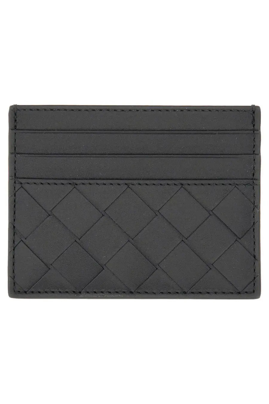 Bottega Veneta men’s black woven leather card holder with diamond pattern and precise stitching