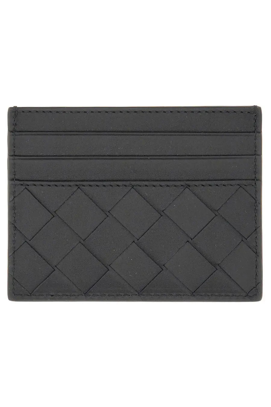 Bottega veneta men’s black leather credit card holder with a distinctive woven pattern front view