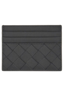 Bottega veneta men’s black leather credit card holder with a distinctive woven pattern front view