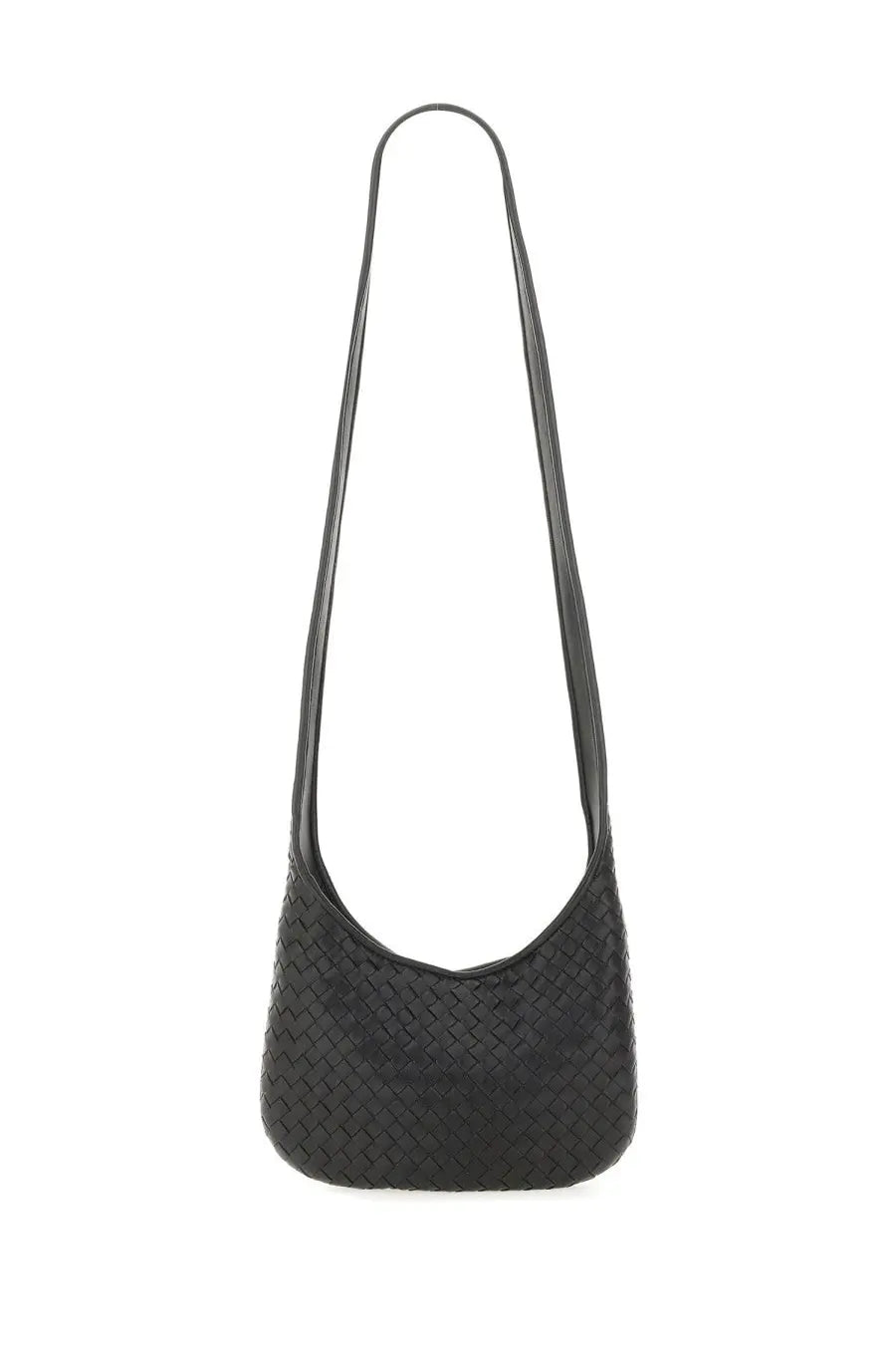 Black leather shoulder bag with woven texture and long strap from bottega veneta unisex bag veneto small black