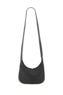 Black leather shoulder bag with woven texture and long strap from bottega veneta unisex bag veneto small black