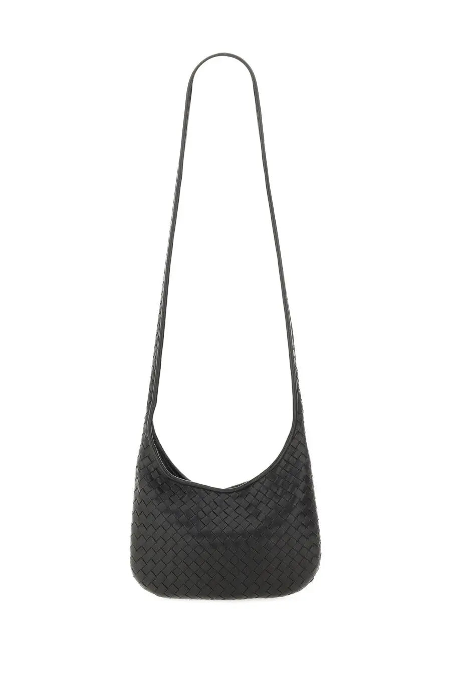 Bottega Veneta unisex Veneto small black woven leather shoulder bag with a long slender strap