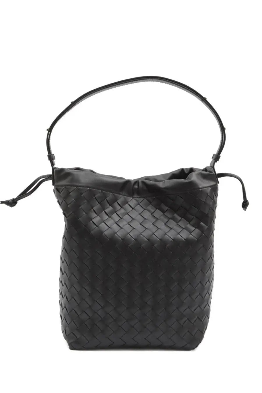 Bottega Veneta unisex borsa avenue black woven leather bucket bag with sleek structured design and top handle