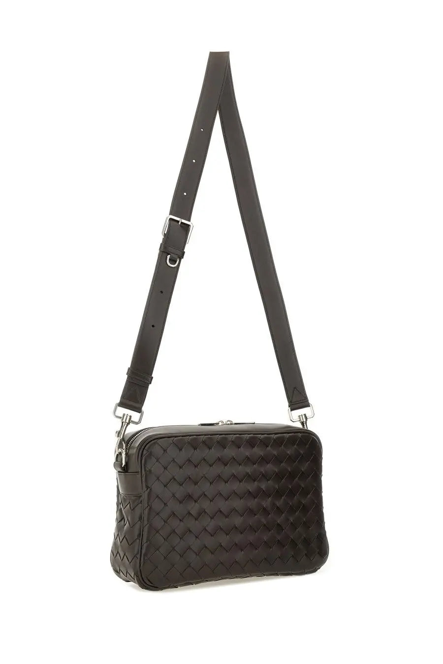 Bottega Veneta unisex crossbody bag in black woven leather with silver toned hardware and intracciated design