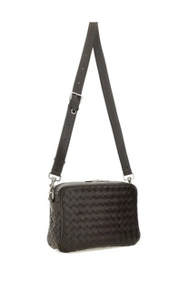 Bottega Veneta unisex crossbody bag in black woven leather with silver toned hardware and intracciated design