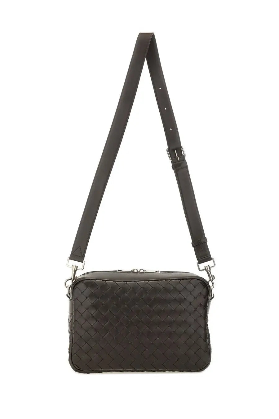 Bottega Veneta unisex black woven leather crossbody bag with silver toned hardware in intracciated design