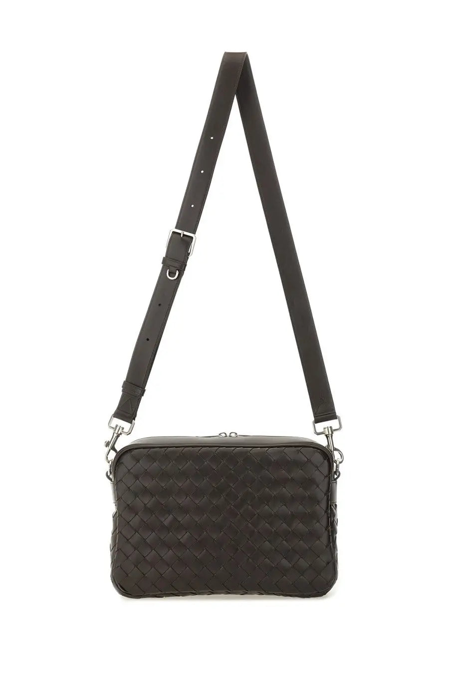 Bottega Veneta unisex intracciated room bag brown woven leather crossbody with sleek rectangular design and silver hardware