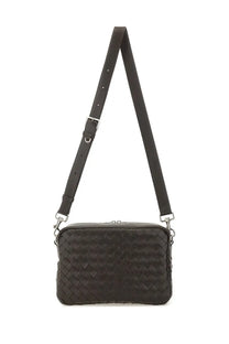 Bottega Veneta unisex intracciated room bag brown woven leather crossbody with sleek rectangular design and silver hardware