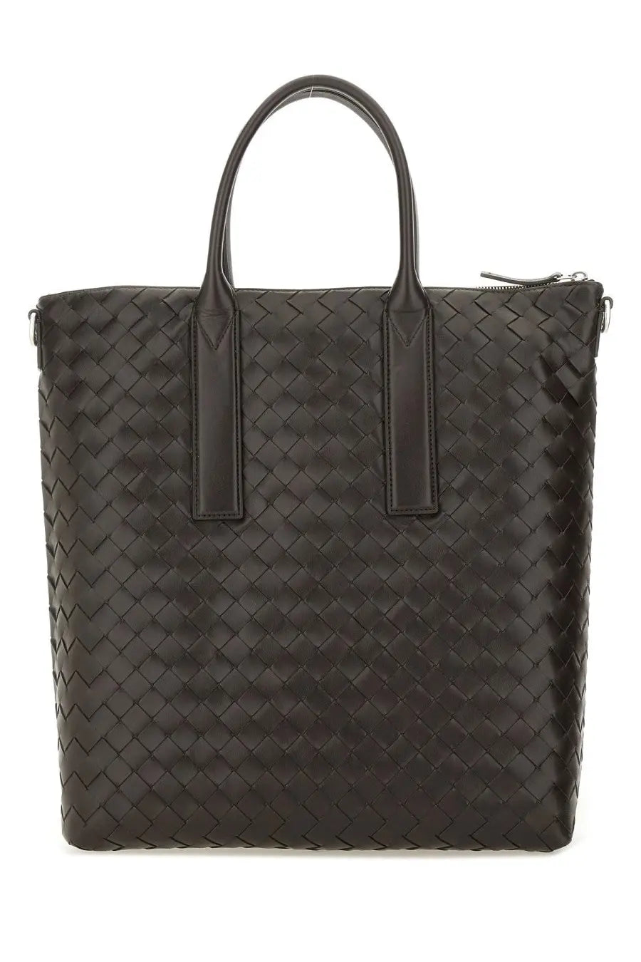 Bottega Veneta unisex North South woven tote bag in black leather with structured handles and zipper closure