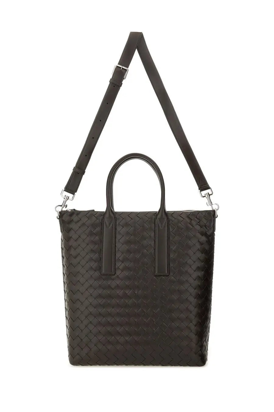 Bottega veneta unisex north south brown woven leather tote bag with structured handles and adjustable shoulder strap