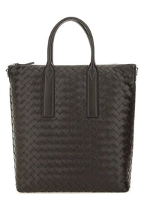 Bottega veneta unisex woven leather tote bag in black with structured handles and zipper closure