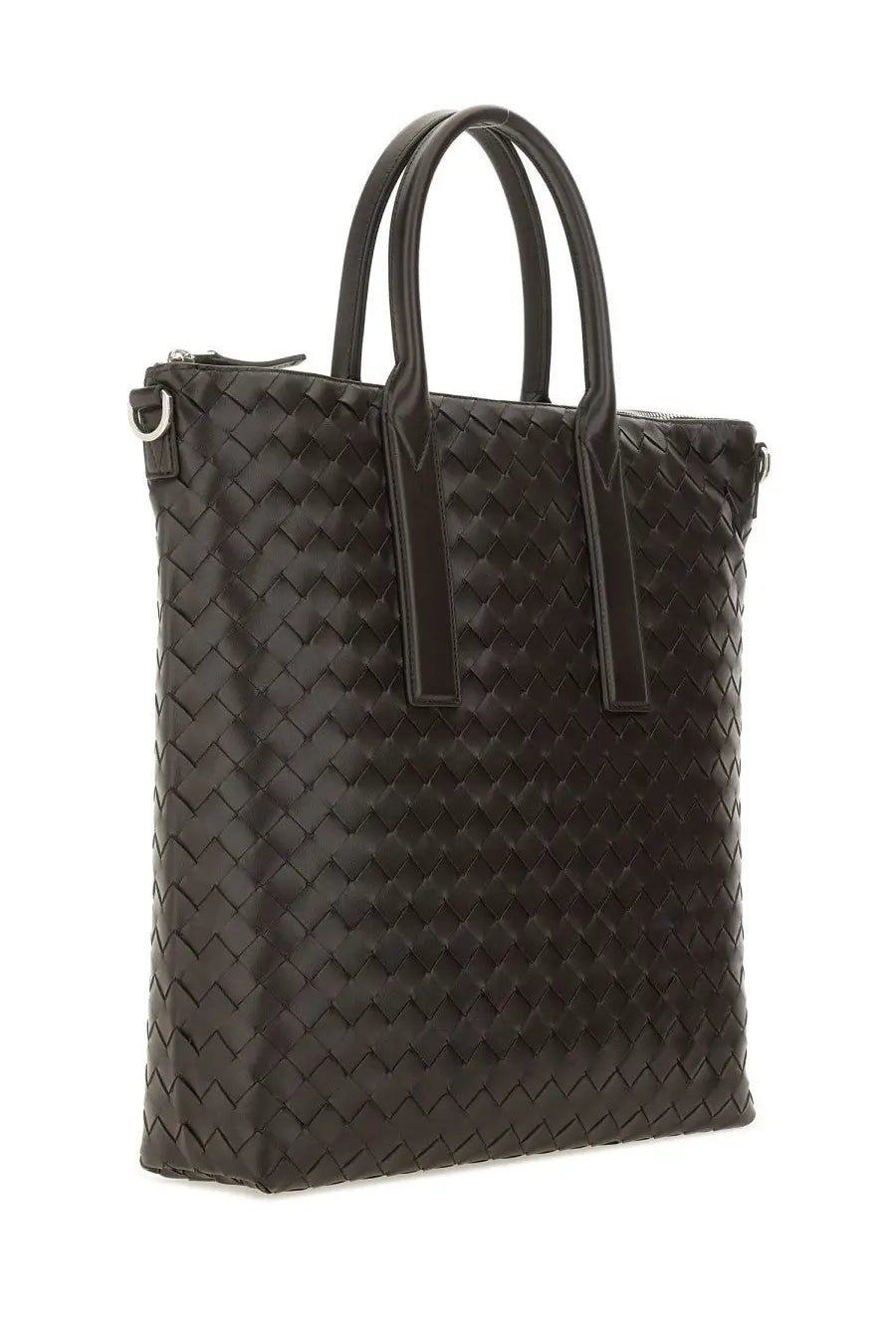 Bottega Veneta unisex north south tote bag in brown woven leather with structured handles and a modern design