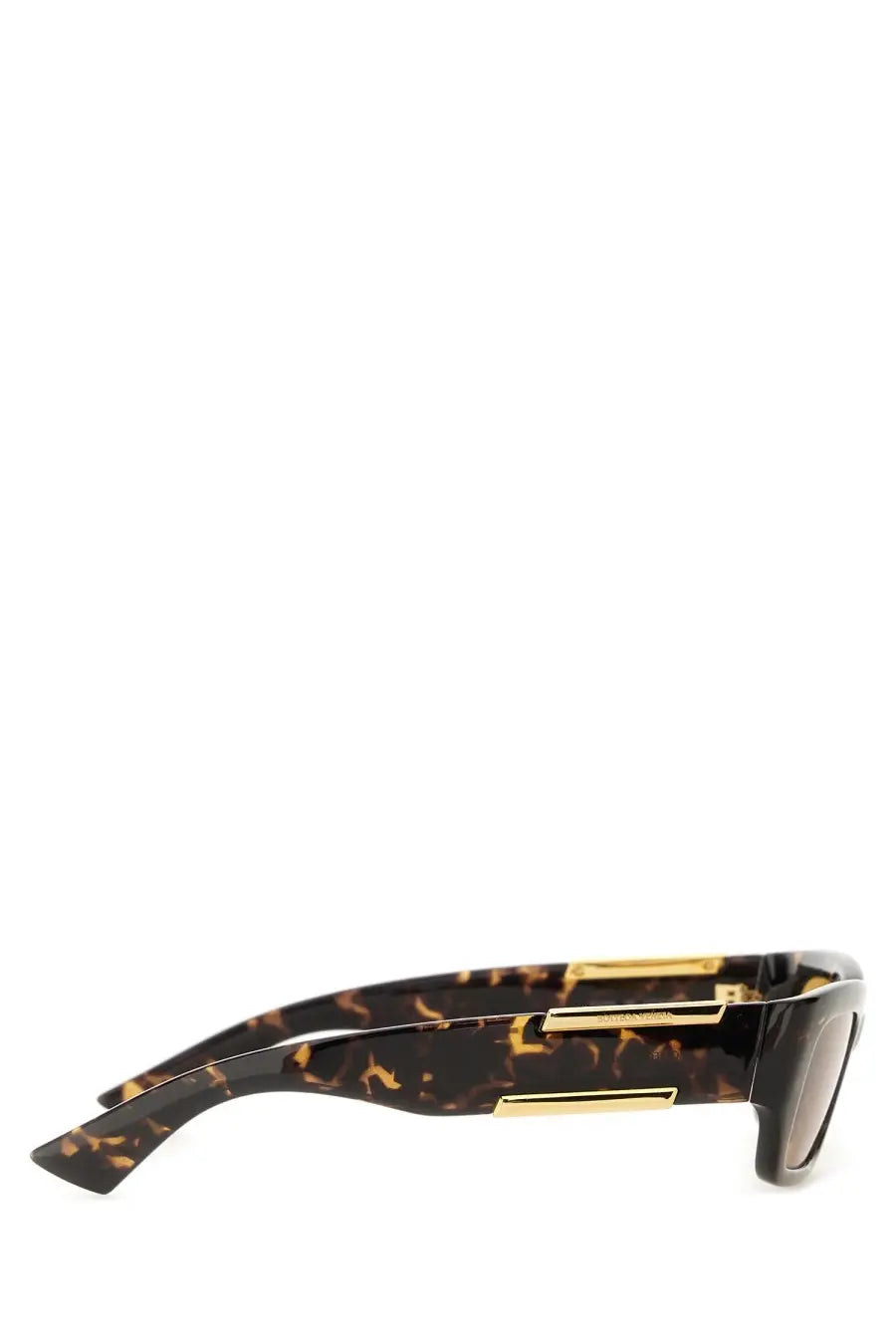Bottega Veneta unisex rectangular sunglasses in brown tortoiseshell acetate with gold metal accents and dark lenses