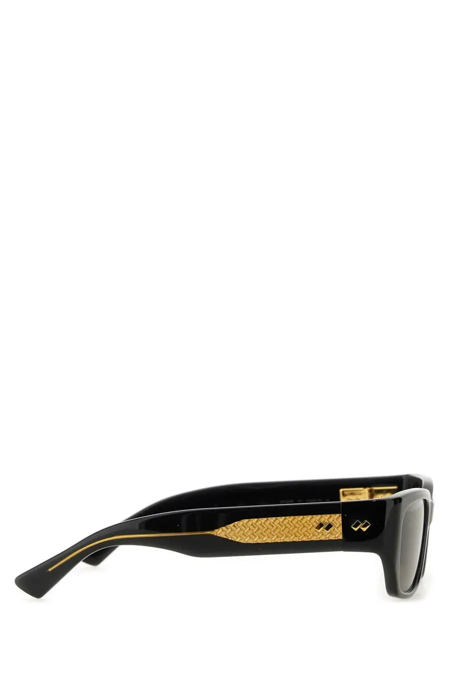 Bottega Veneta unisex square sunglasses in black with gold accents and distinctive braided texture on the temple