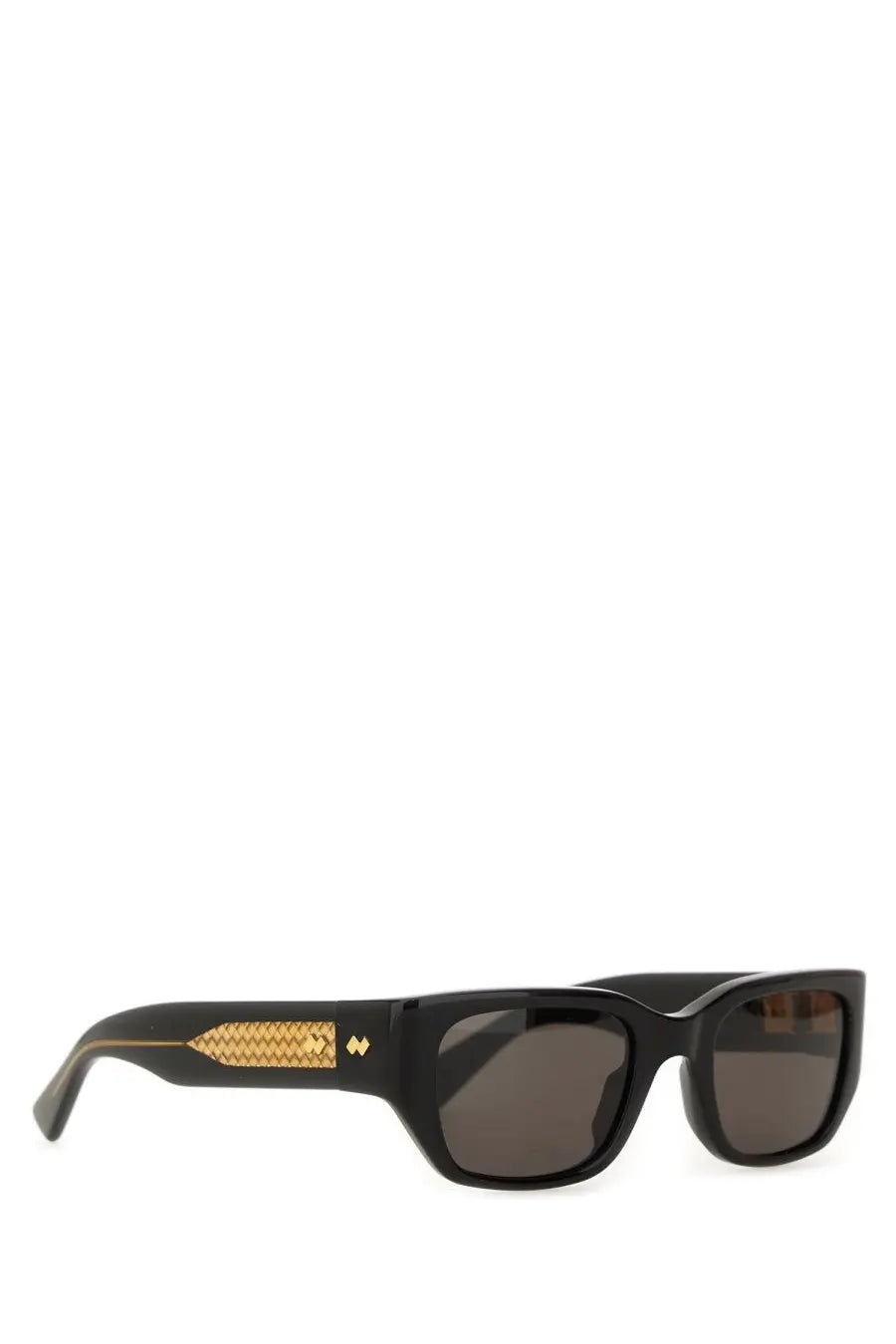 Bottega Veneta unisex square black sunglasses with gold woven temples and dark brown lenses