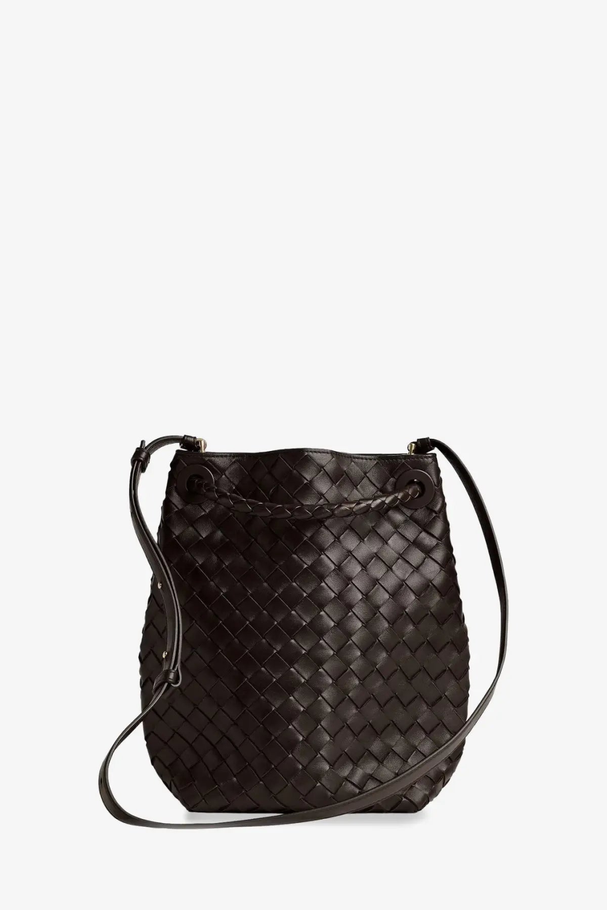Bottega veneta women’s andiamo black woven leather bucket bag with braided strap crossbody bag