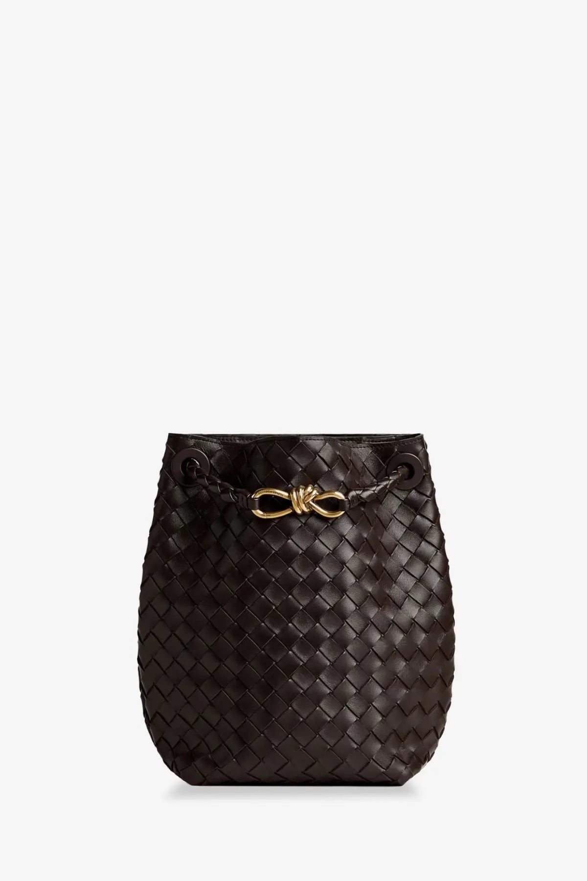 Dark brown woven leather bucket bag with gold-tone bow clasp by bottega veneta for women crossbody use