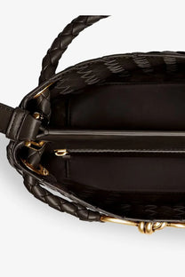Bottega Veneta women’s andiamo bucket leather crossbody bag in brown with braided handles and gold-tone hardware