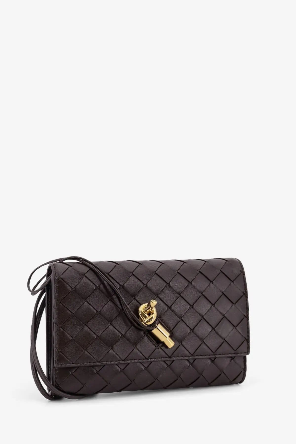 Black woven leather clutch with gold-tone key-shaped clasp by bottega veneta women’s andiamo crossbody bag brown