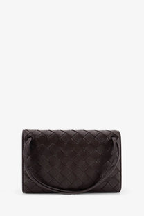 Bottega Veneta women’s andiamo crossbody bag brown dark brown woven leather clutch with diamond pattern and rounded handles