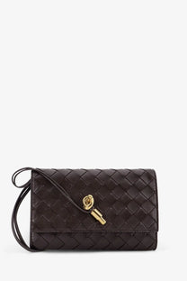 Bottega Veneta women’s andiamo crossbody bag brown dark brown woven leather clutch with gold-tone key clasp and wrist strap