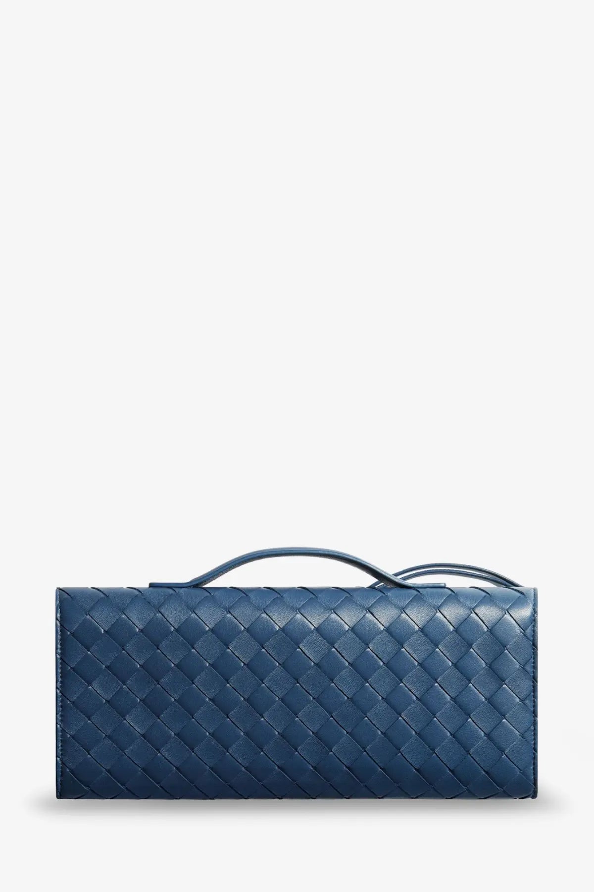 Bottega Veneta women’s Andiamo deep blue leather clutch with woven pattern and top handle