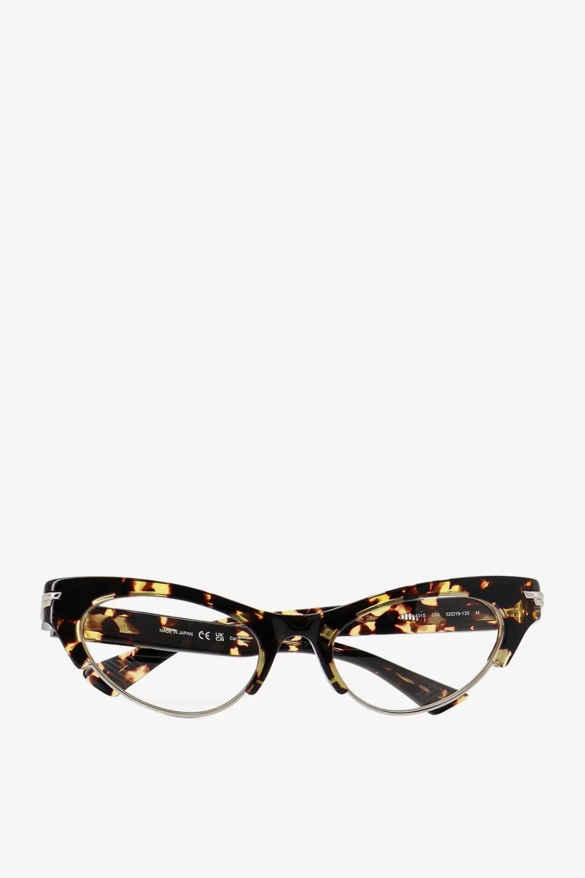 Bottega Veneta women’s brown tortoiseshell cat-eye acetate sunglasses with metallic accents and clear lenses