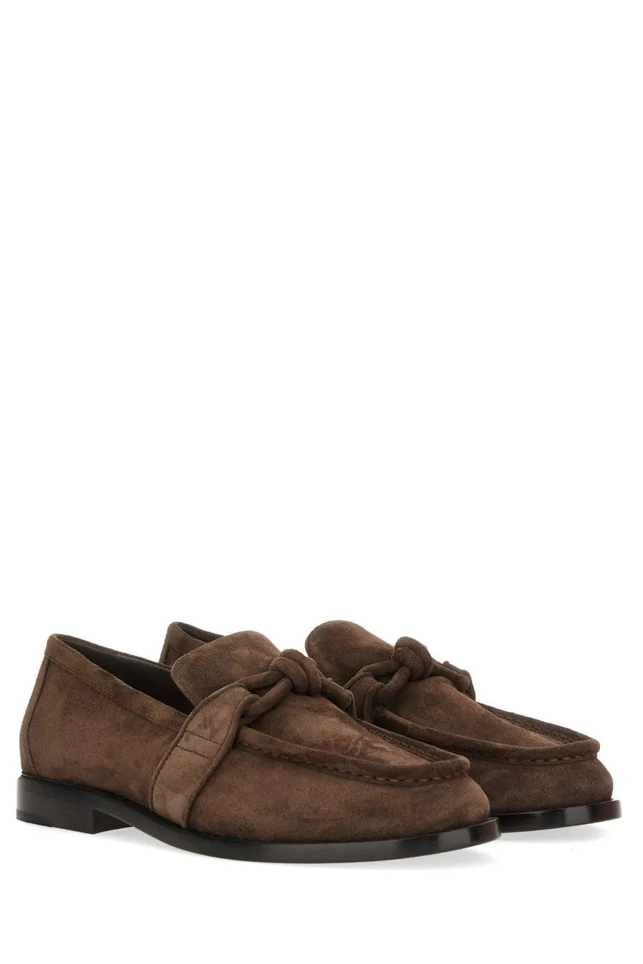 Bottega Veneta women’s Astaire loafer in brown suede with knotted strap detail and black rubber soles