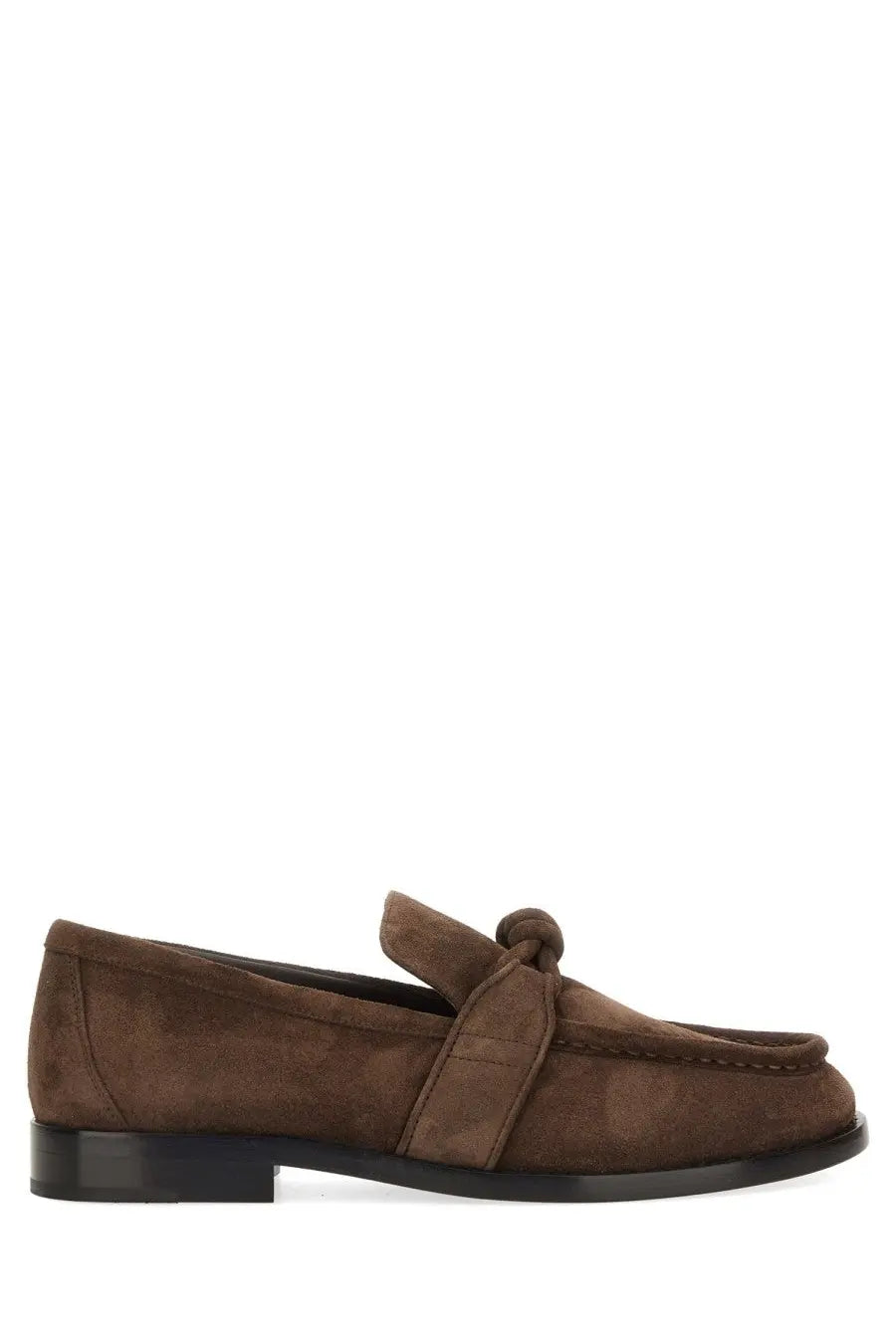 Bottega Veneta women’s Astaire loafer in brown suede with knotted strap detail and black rubber sole