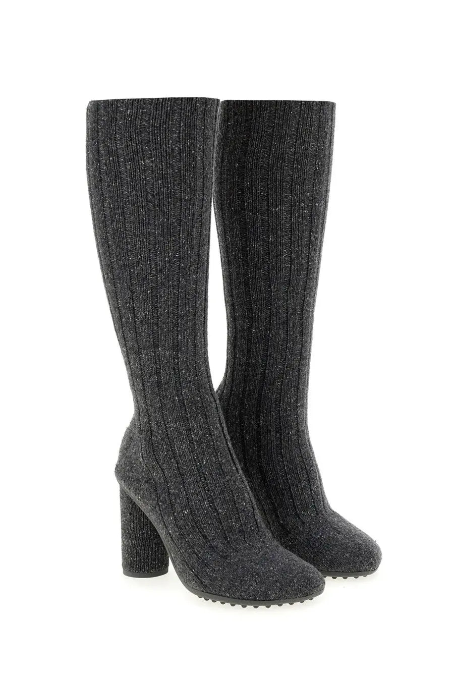 Dark gray ribbed knit knee-high boots with chunky heel and textured sole by bottega veneta women atomic boot gray