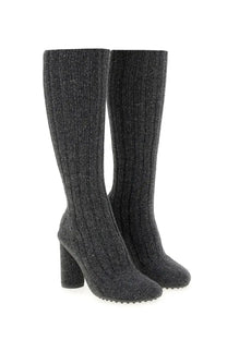 Dark gray ribbed knit knee-high boots with chunky heel and textured sole by bottega veneta women atomic boot gray