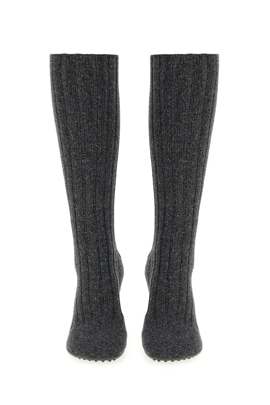 Dark gray ribbed knit knee-high boots with textured shimmering fabric and low heel by bottega veneta women’s atomic boot