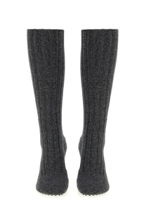 Dark gray ribbed knit knee-high boots with textured shimmering fabric and low heel by bottega veneta women’s atomic boot