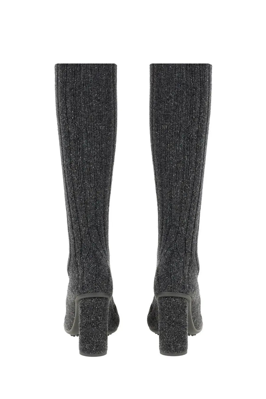 Bottega Veneta women’s atomic boot grey dark gray sparkly knit knee-high boots with chunky heel