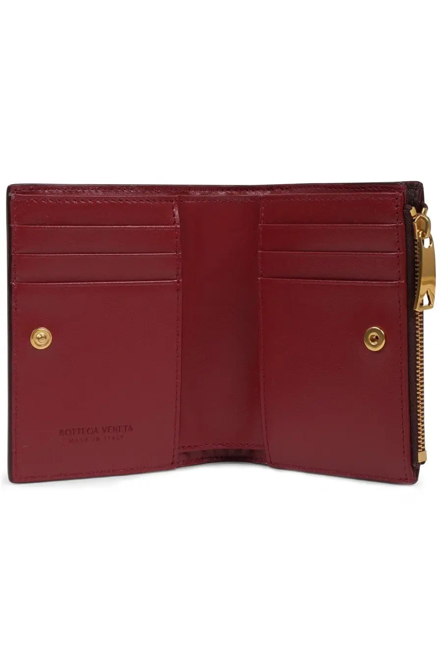 Bottega Veneta women’s bi fold wallet in burgundy leather with gold tone hardware and zipper closure