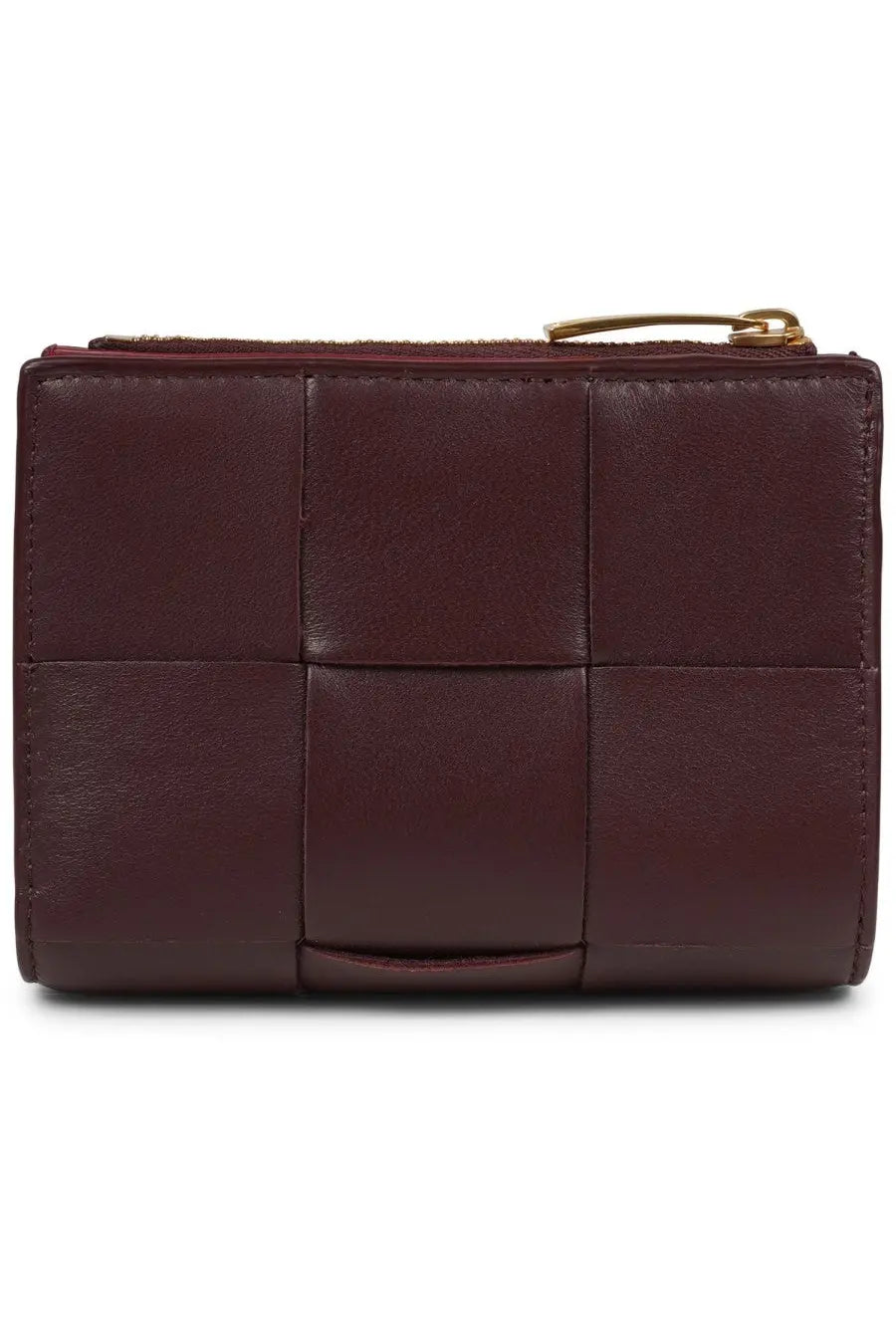 Bottega Veneta women’s bi fold wallet in burgundy woven leather with gold tone zipper pull front view