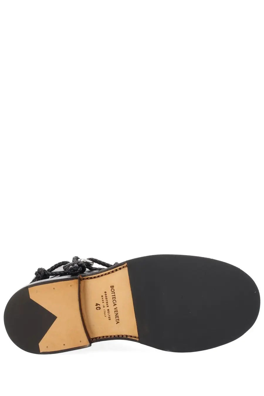 Bottega Veneta women’s black lace-up boot James with braided leather straps and rubber sole front view